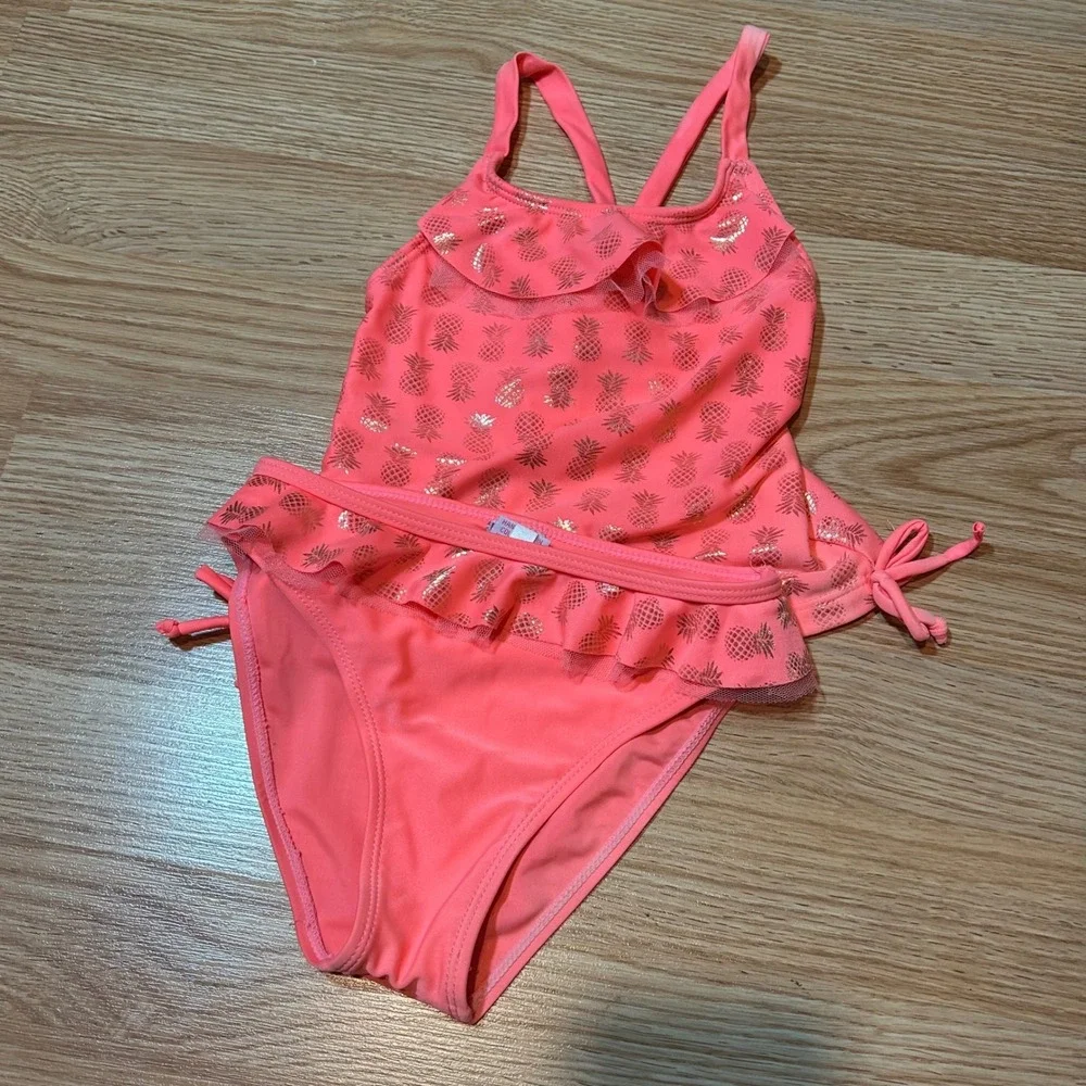 Real Love Girls 4T Tankini Swimsuit Pink Coral Gold Pineapple Ruffle 2 Piece Set